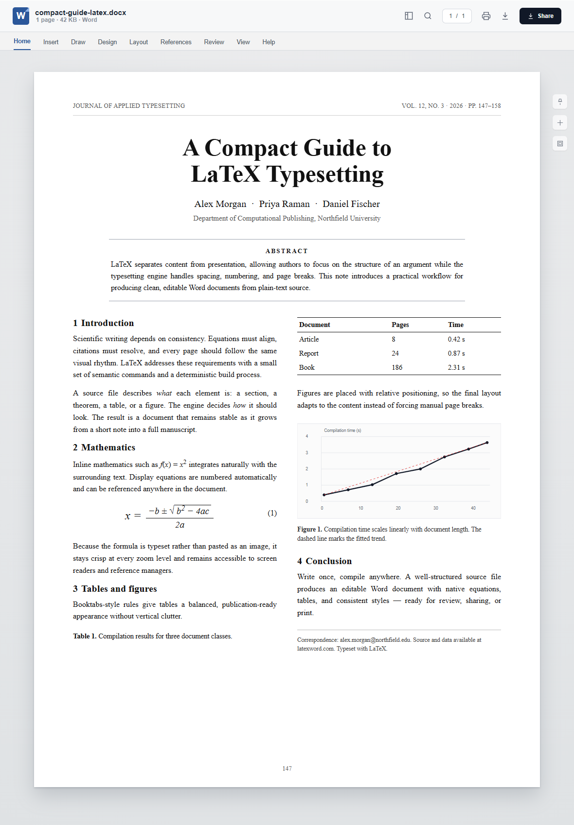 LaTeX source converted into an editable Word document with equations, a table and a figure